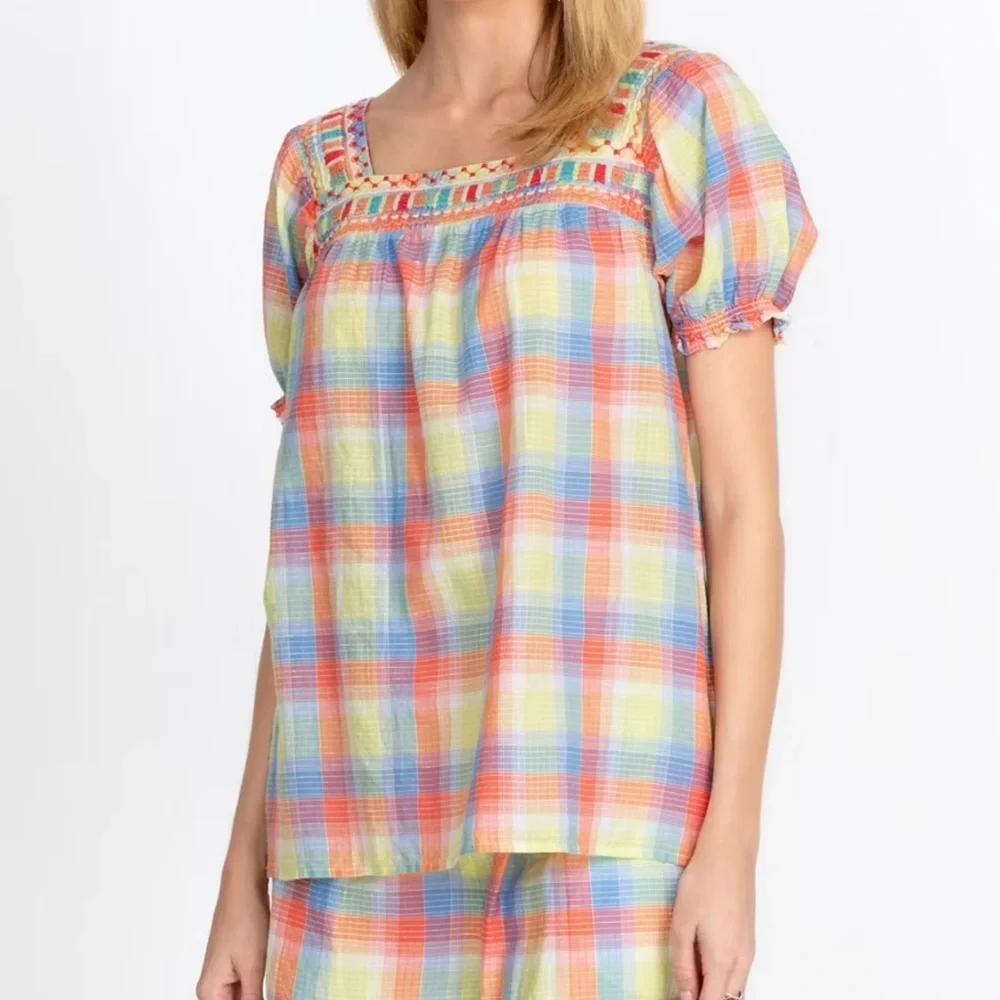 Johnny Was DELACEY PUFF SLEEVE PEASANT TOP Pastel Plaid Square Neck Size Small